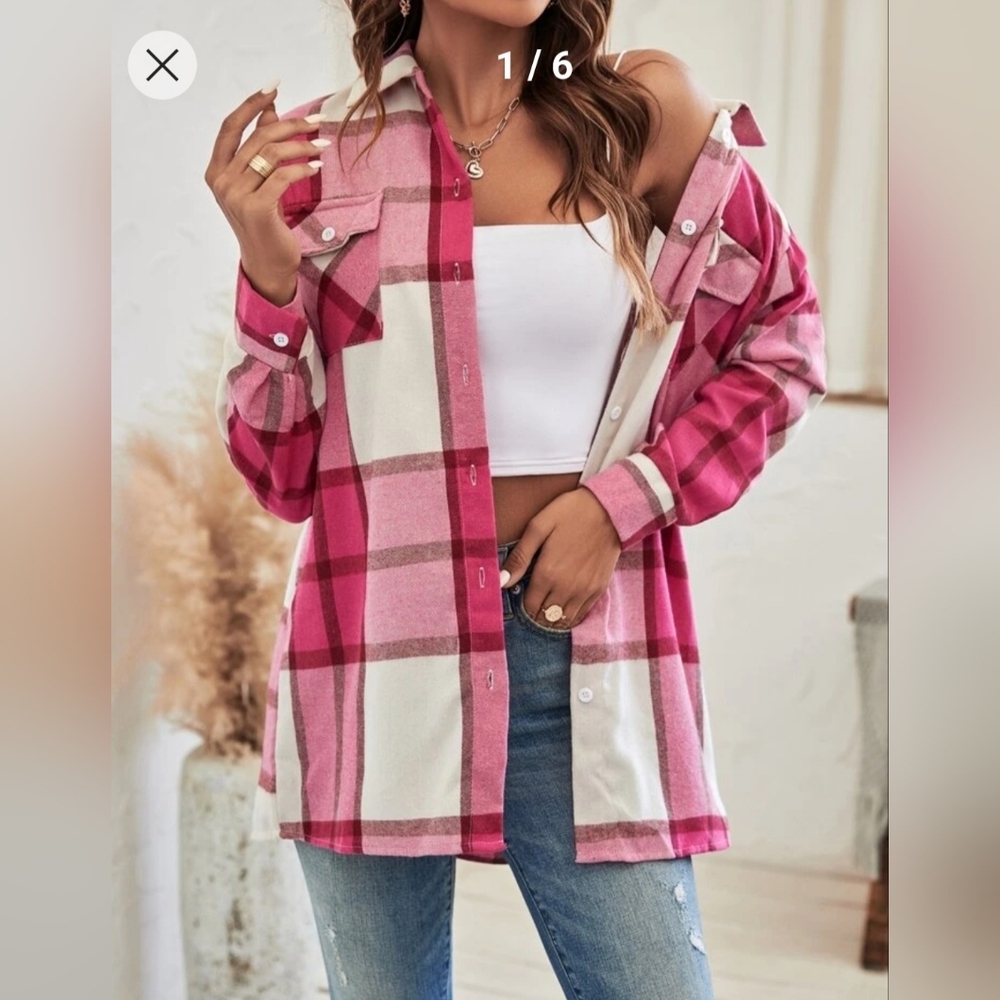 SHEIN LUNE Plaid Flap Pocket Drop Shoulder Blouse Wit hout Belt